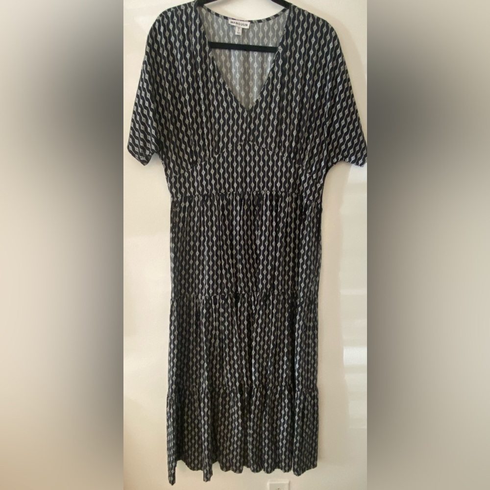 Manguun Black White Patterned Short Sleeve Midi Dress Women's Sz Large 42 EU